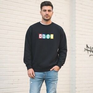 OBEY Worldwide Mens Black Crewneck Sweatshirt Pullover Logo Size XL Cotton Blend